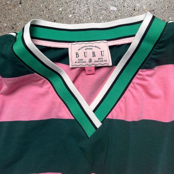 Vibrant Pink and Green Striped V-Neck Dress - Picture 3 of 3